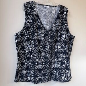 Liz Clairborne Women's Linen Blend Top 1X Blue Geormetric Print Sleeveless